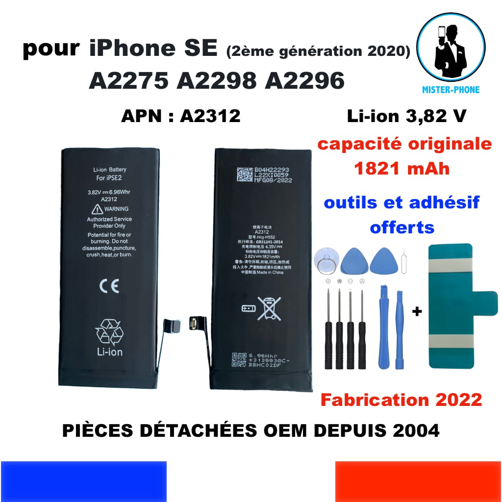 Batterie pour iPhone SE2, (mise à niveau) haute capacité 0 cycle batterie  de remplacement pour iPhone SE 2020 2ème génération modèle A2275 A2296  A2298 avec kit d'outils de réparation professionnel : 