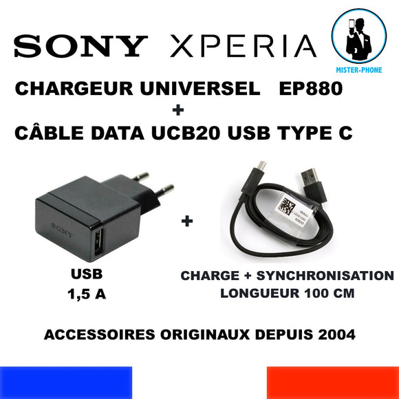 CHARGEUR NEUF ORIGINAL SONY EU EP880 + CABLE UCB20 TYPE-C XPERIA 1500mAh